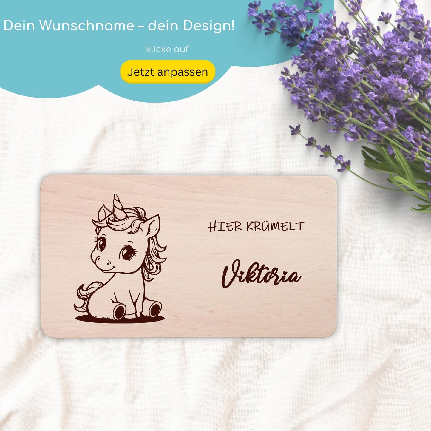 Personalisiertes Holz-Frühstücksbrettchen für Kinder – Schneidebrett mit Namen graviert und niedlichem Motiv  - Einhorn