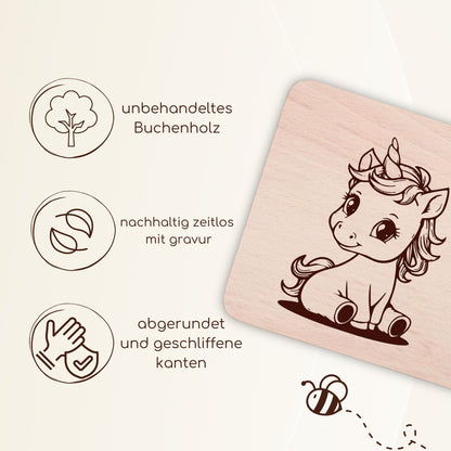 Personalisiertes Holz-Frühstücksbrettchen für Kinder – Schneidebrett mit Namen graviert und niedlichem Motiv  - Einhorn